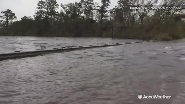 This entire road in Bogue, North Carolina gets submerged underwater as floodwaters continue to rise in the midst of Hurricane Florence on Sept. 14.